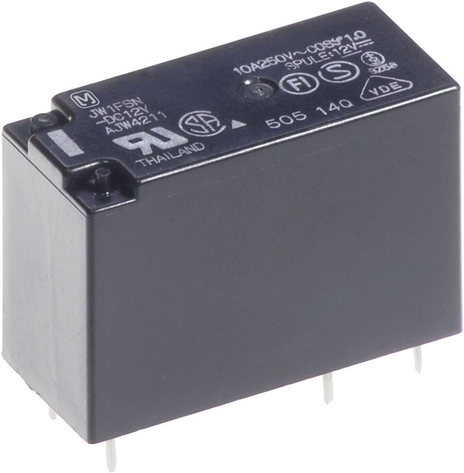 Black rectangular relay with multiple connecting pins. Inscription: '10A 250V', 'CQC', 'VDE', and manufacturing details.