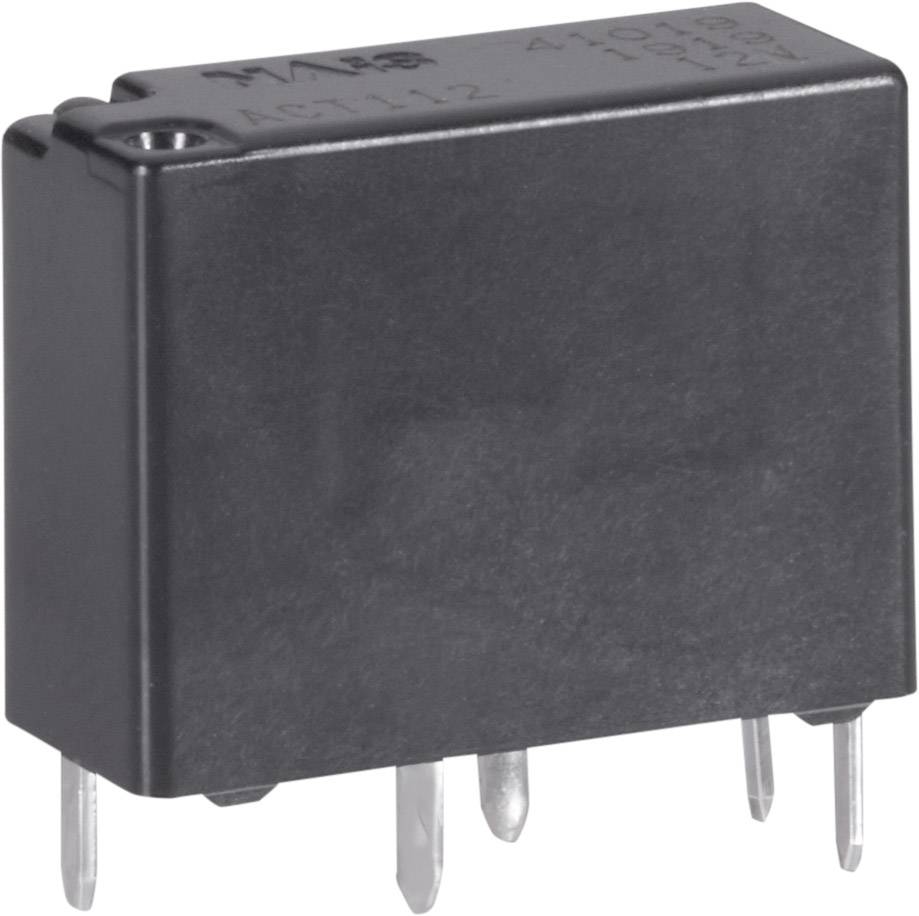 A black electronic relay with four metal pins.