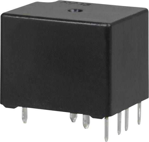 A rectangular, black relay with multiple metal pins on its underside, used in electronic circuits for control purposes.