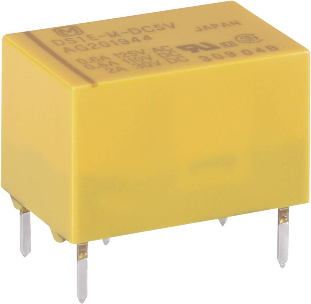 Yellow electrical relay with inscription 'D3E-M-DC5V'. It has four silver connection pins on the underside.