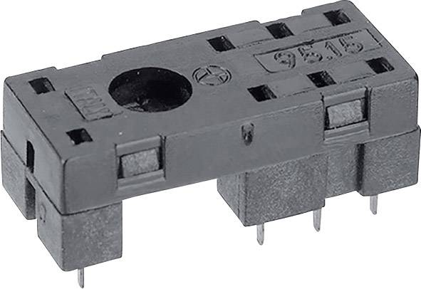 A black, rectangular electrical socket with multiple metal pins on the underside for printed circuit board mounting, suitable for relays.