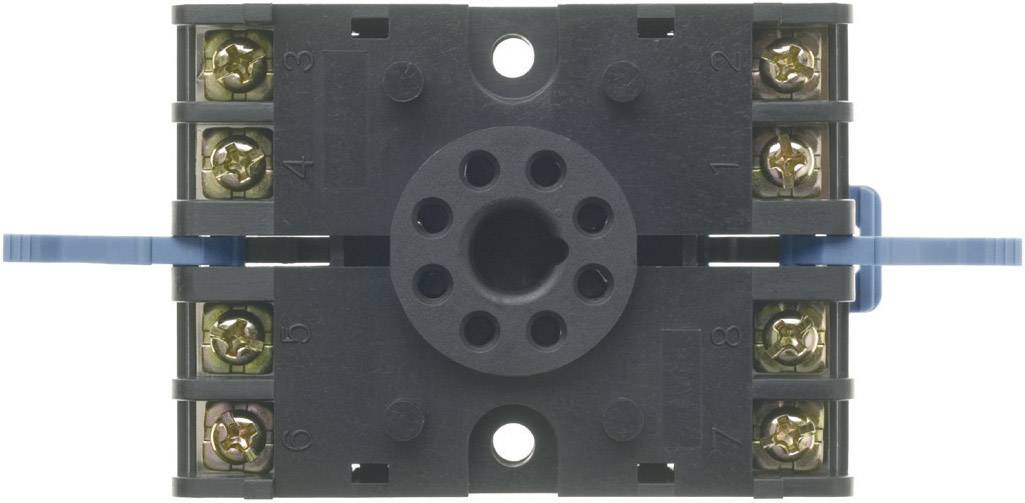 Electrical socket with eight terminals, symmetrically arranged. Two blue clamps are positioned to the side for securing.