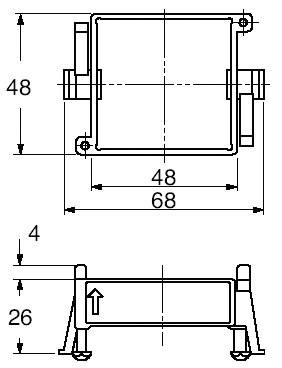 Technical drawing of a rectangular component with dimensions: 48 x 68. Height 26, thickness 4. Side connections and arrow marking below.