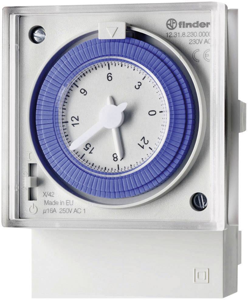 Analogue time switch with a blue dial and white casing, displaying 15:00, for controlling electrical devices.