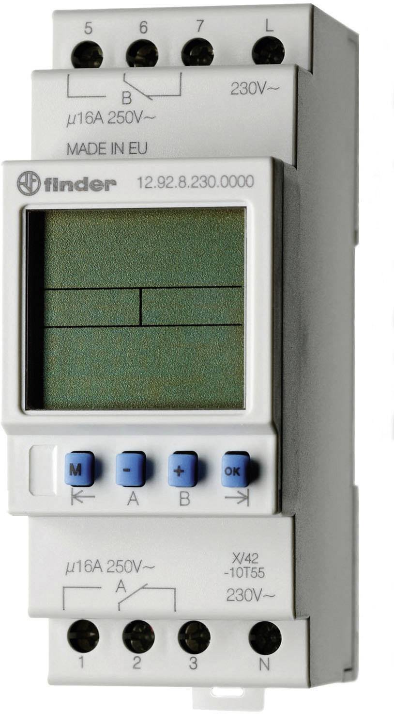 Electronic timer with display, programming buttons, and power connections, manufactured for time settings in Europe.