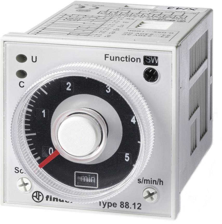 A square time switch with a rotary knob. Shows scale from 0 to 6 in minutes. Three small LED indicators on the left side.