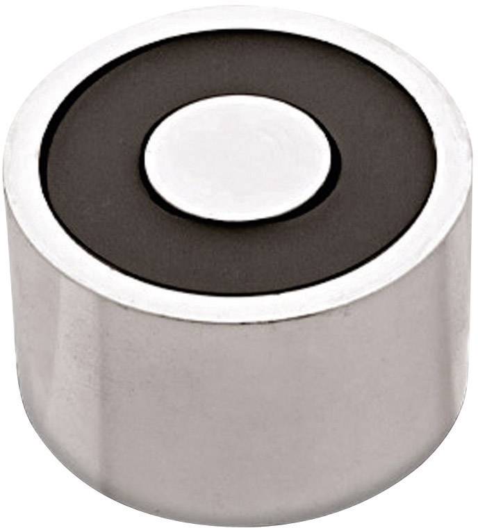A silver round magnet with a black ring in the centre, suitable for attaching objects to metallic surfaces.