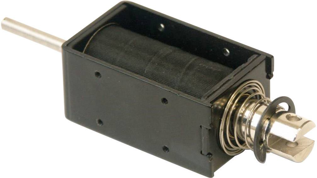 A rectangular electromagnet with a black casing, with a spring and a metallic rod visible protruding from the housing.