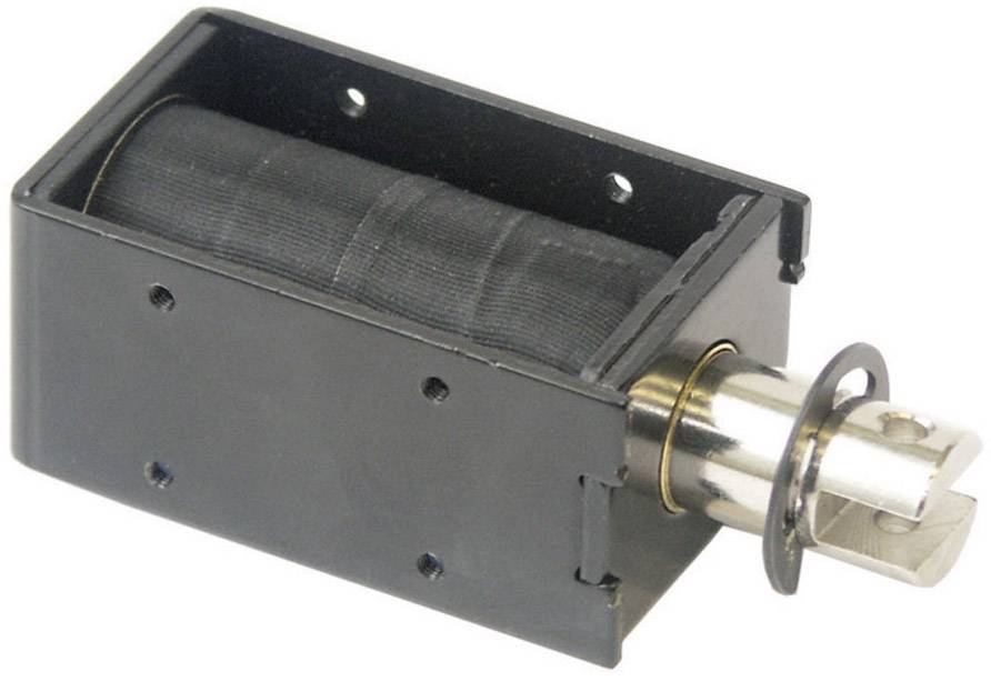 A solenoid actuator with a black housing and a visible metal pin protruding from the side.
