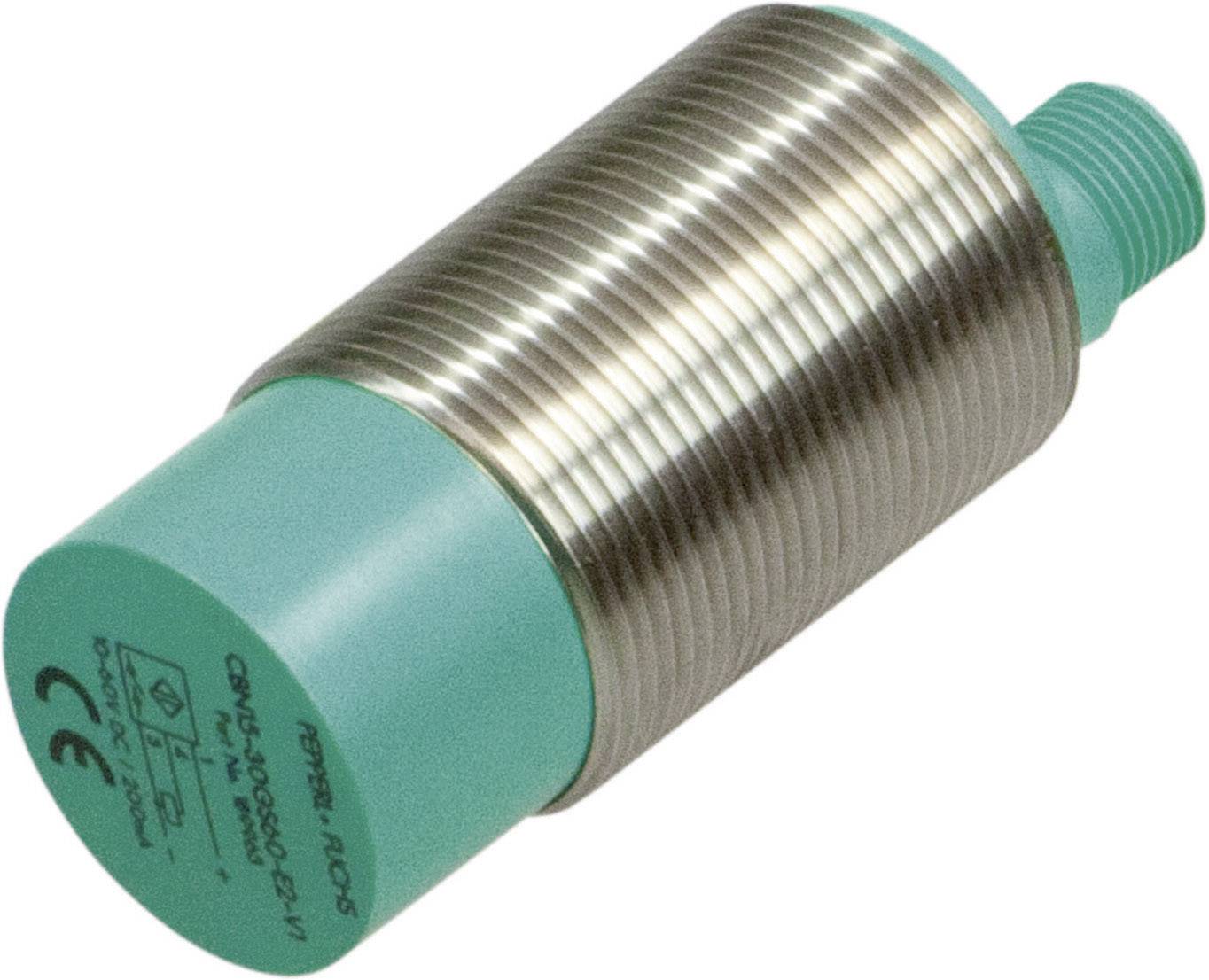 A cylindrical proximity sensor with a metallic housing and green plastic end, suitable for position or motion monitoring.