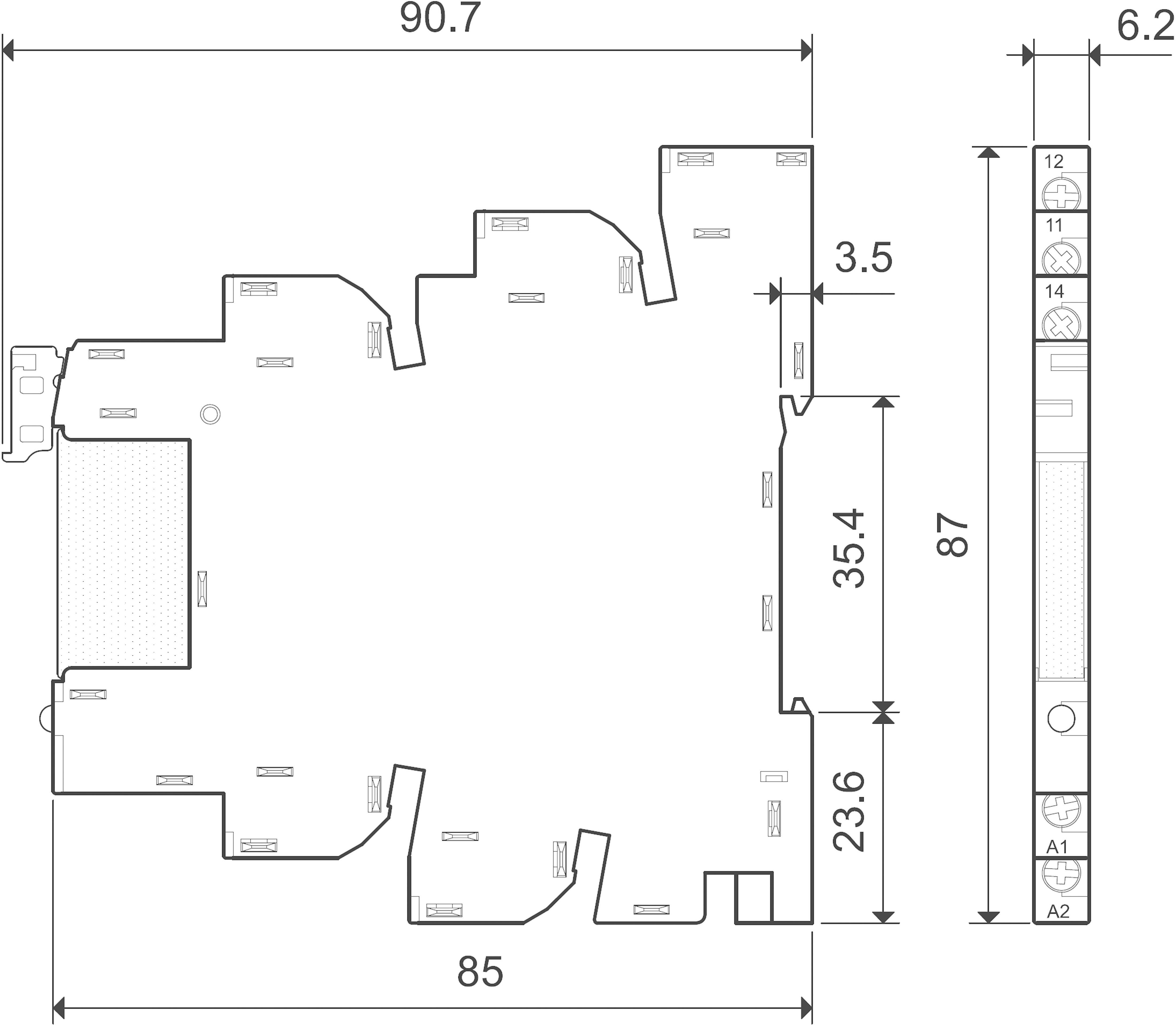 Technical drawing of an electronic component with dimensions: width 90.7 mm, height 85 mm, depth 35.4 mm. Side view shows depth of 6.2 mm.