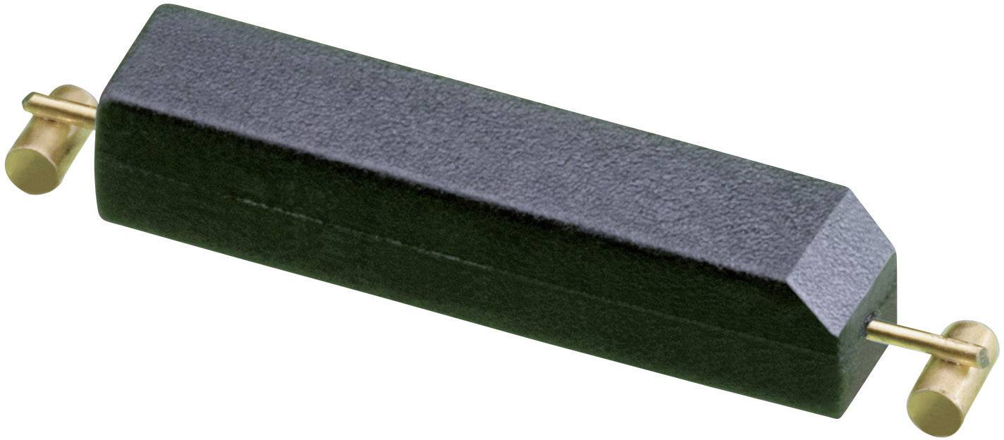 A black, hexagonal rod with two small, golden cylinders at its ends, which may serve as connective pieces.