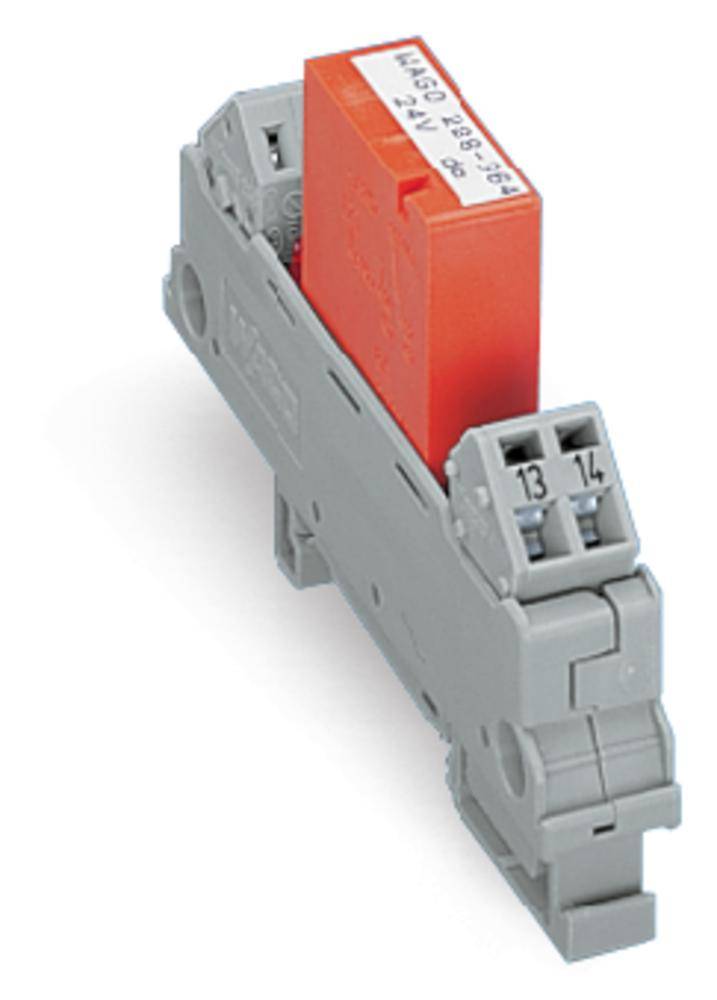 A grey relay module with a red insert, suitable for mounting on a DIN rail, shows two terminals numbered 13 and 14.