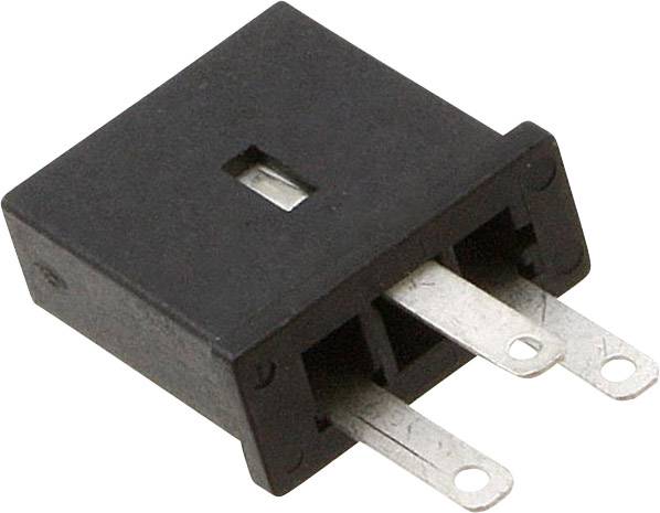 A black, rectangular electrical relay with two metal contacts, shown from the side.