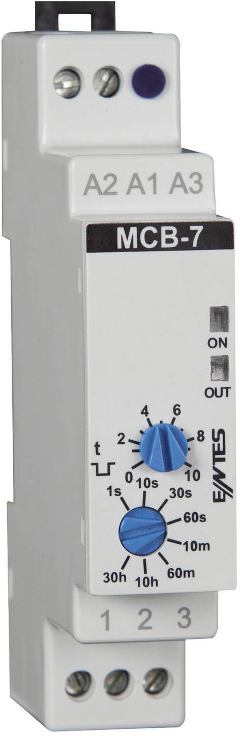 A MCB-7 time relay with scaling and blue adjustment knobs for controlling time delay in seconds and minutes.