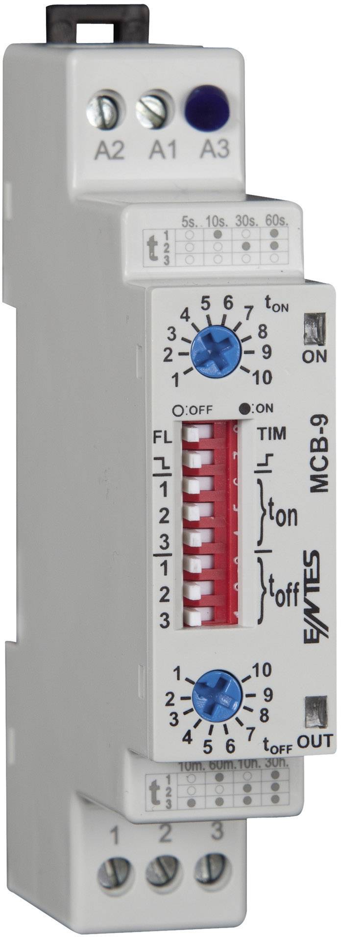 A grey time switch device with two blue rotary controls and a red switch for controlling 'ON' and 'OFF' times.