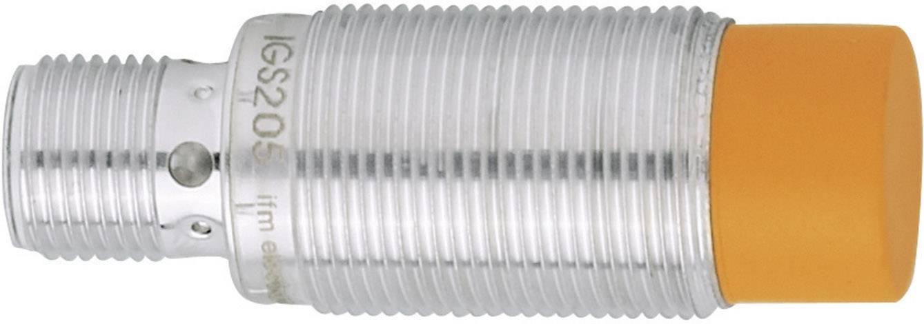 Cylindrical inductive sensor with a silver housing and orange tip, designed for detecting metal objects.