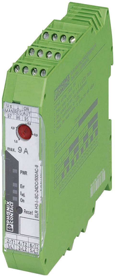 Green electrical component with multiple terminal blocks and a rotary knob, maximum current of 9A, manufactured by Phoenix Contact.
