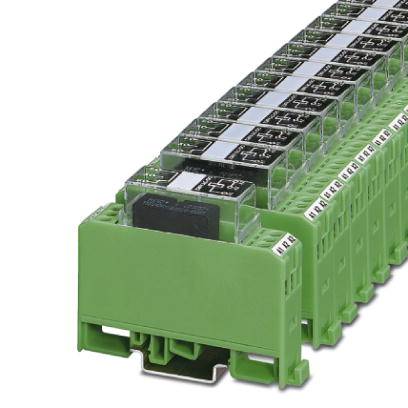 A green, rectangular relay module with multiple slots arranged side by side, on a white background.