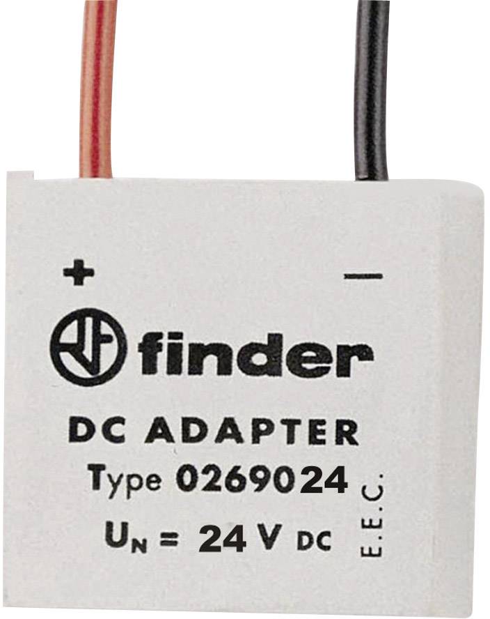 A DC adapter marked 'Finder', type '0269024'. Voltage 'Un = 24V DC'. Shows connections for voltage input.