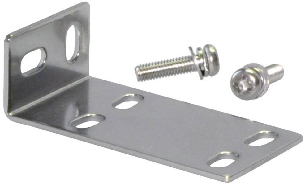 A rectangular metal angle bracket with three holes, accompanied by two screws.