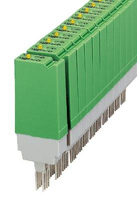 Several green printed circuit board modules are arranged in a row, each with a yellow component and metal contacts on the underside.