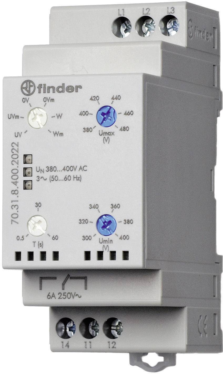 'Finder Voltage Monitoring Relay 70.31' with three-phase connection, featuring status LEDs and adjustment caps for voltage adjustment.