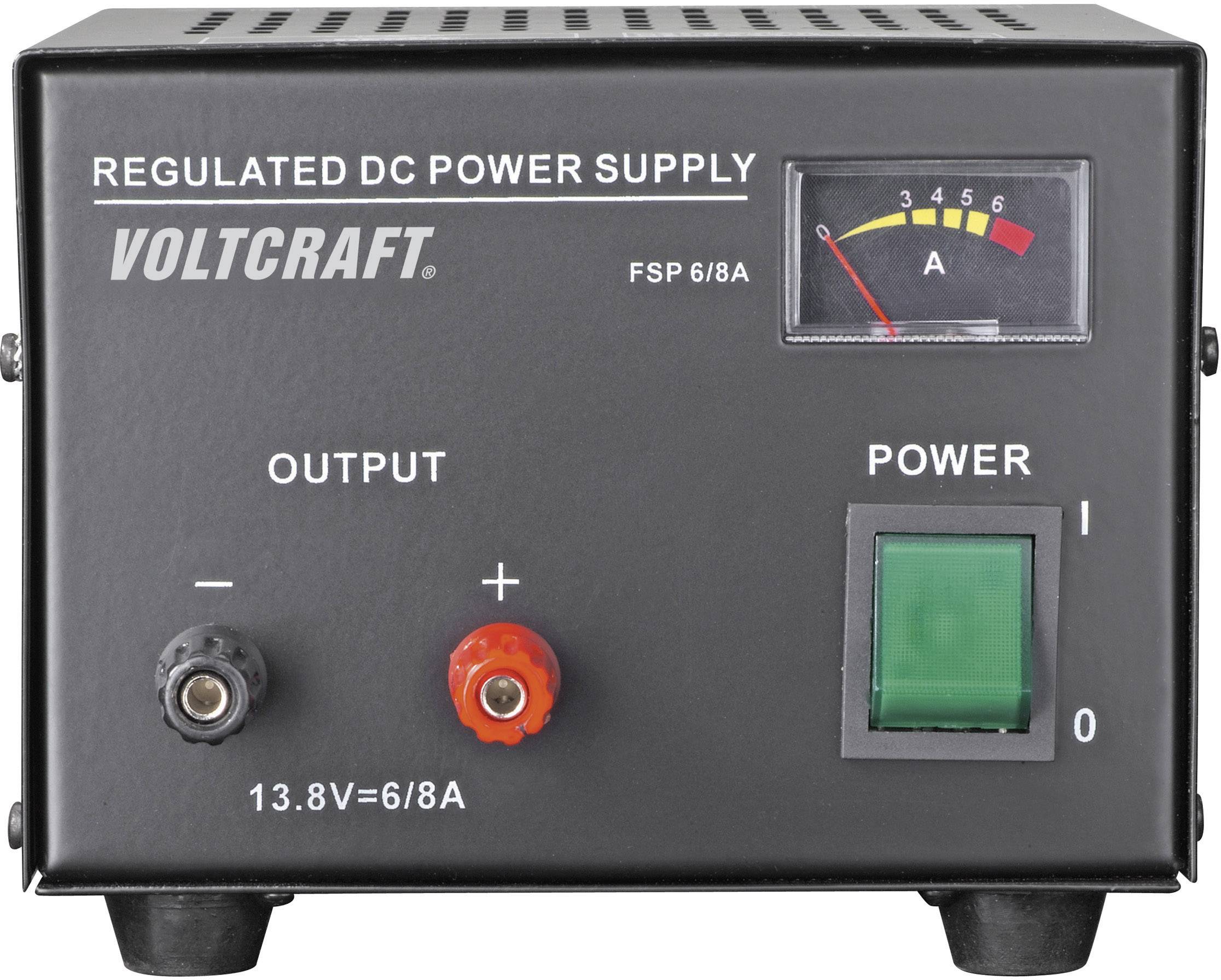 Power supply unit with ammeter, displaying 0 to 6 amperes. Output terminal connections (+/-) and green on/off switch.