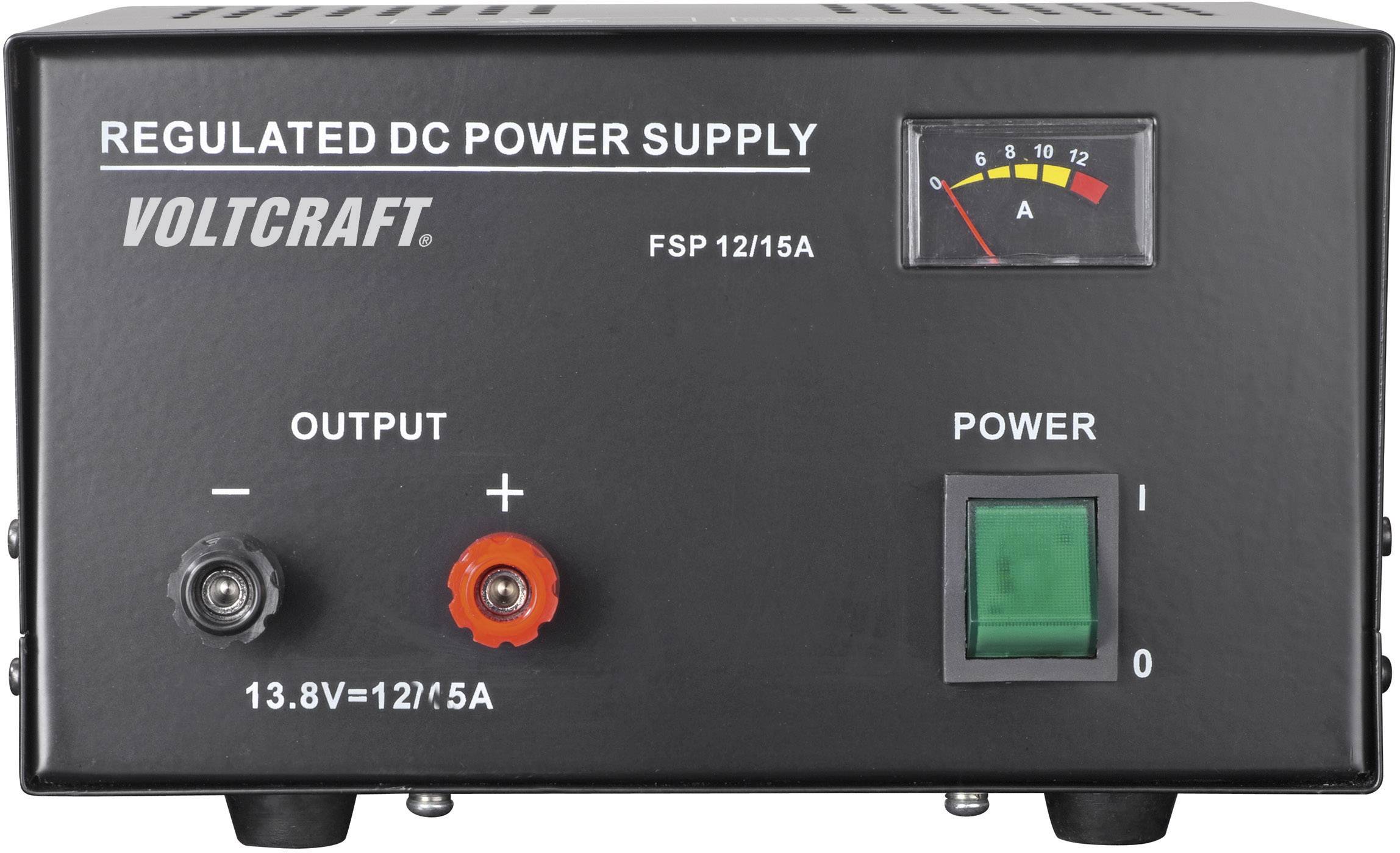 Ein geregeltes DC-Netzgerät mit Voltcraft-Logo, Anzeige für Ampere (0-12), und Schalter. Beschriftung: 'REGULATED DC POWER SUPPLY FSP 12/15A'.
