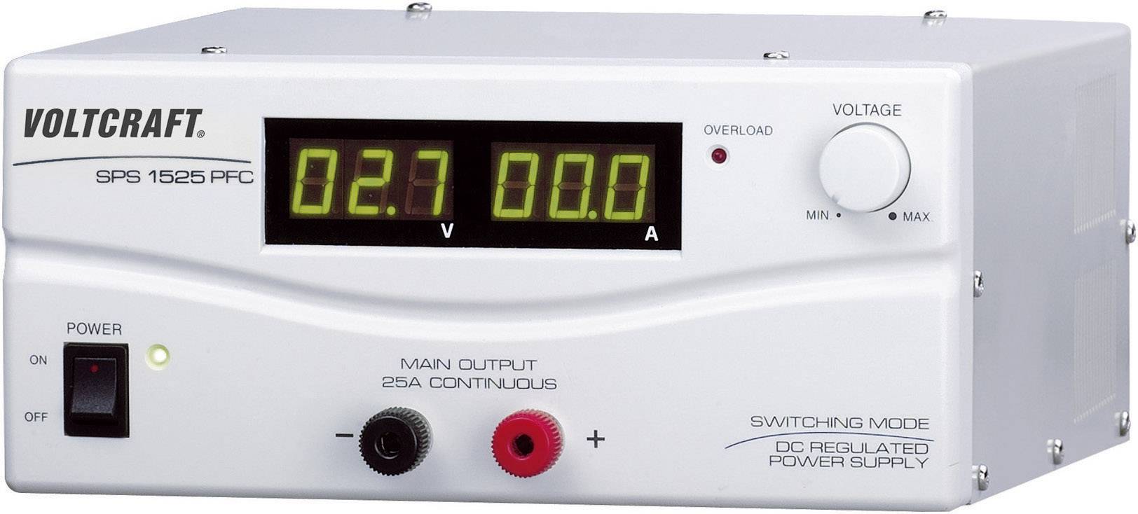 A silver power supply unit with a digital display shows 2.7 volts and 0.0 amperes. On the left is an on/off switch.