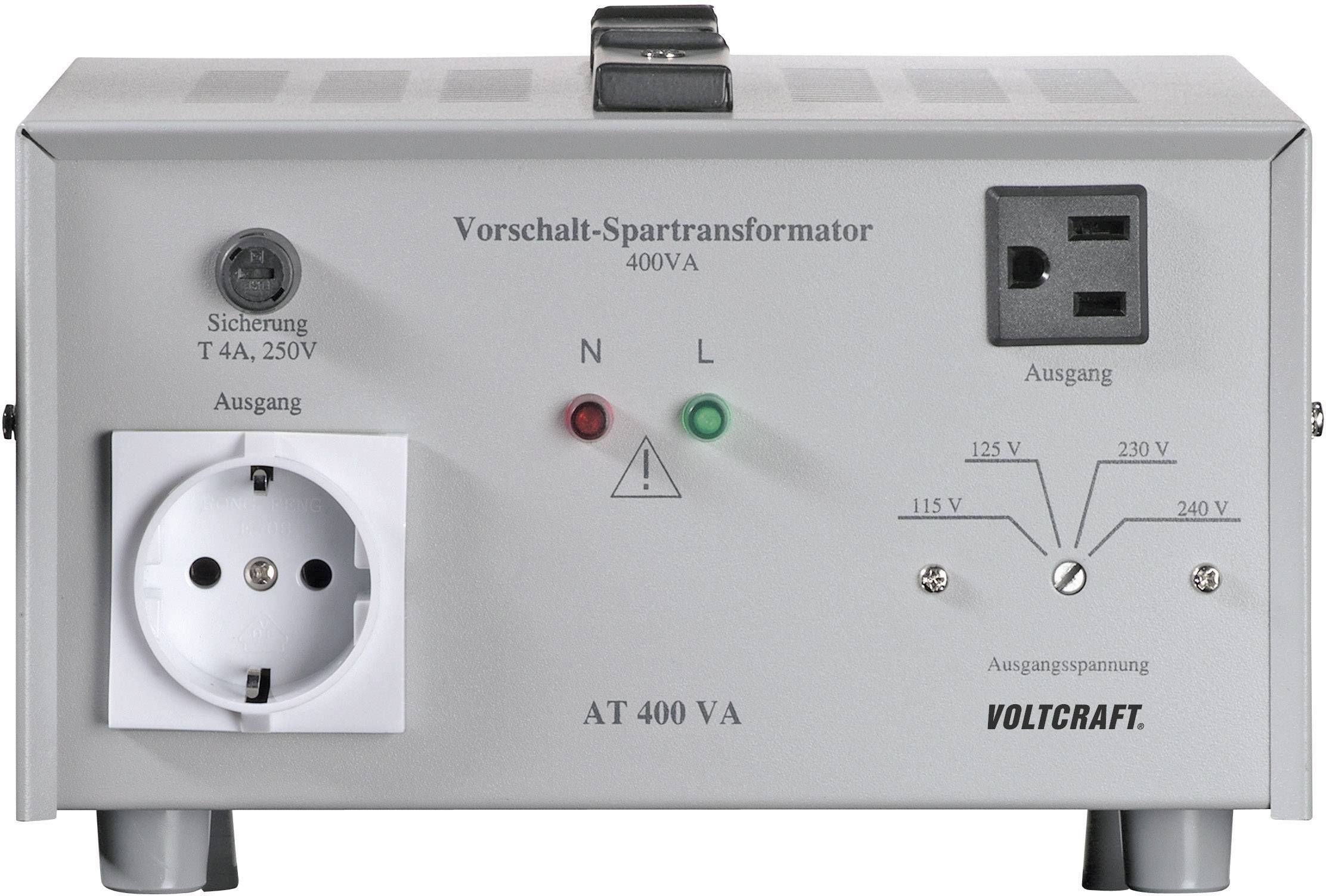 Mains voltage transformer with plug sockets and indicator lights for voltage output of 115V, 230V or 240V. Brand name: Voltcraft.