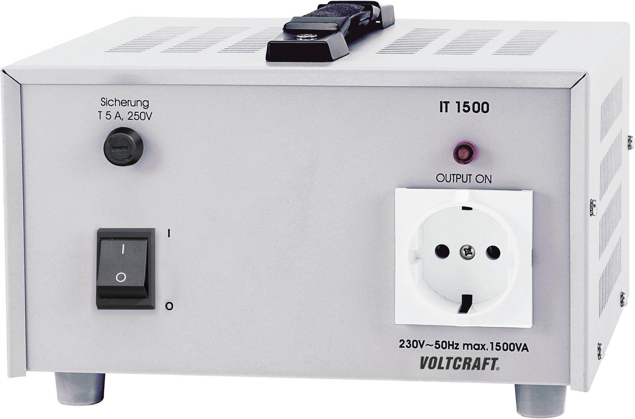 A silver power supply device with switch, socket, fuse, model number 'IT 1500' and logo 'Voltcraft'.