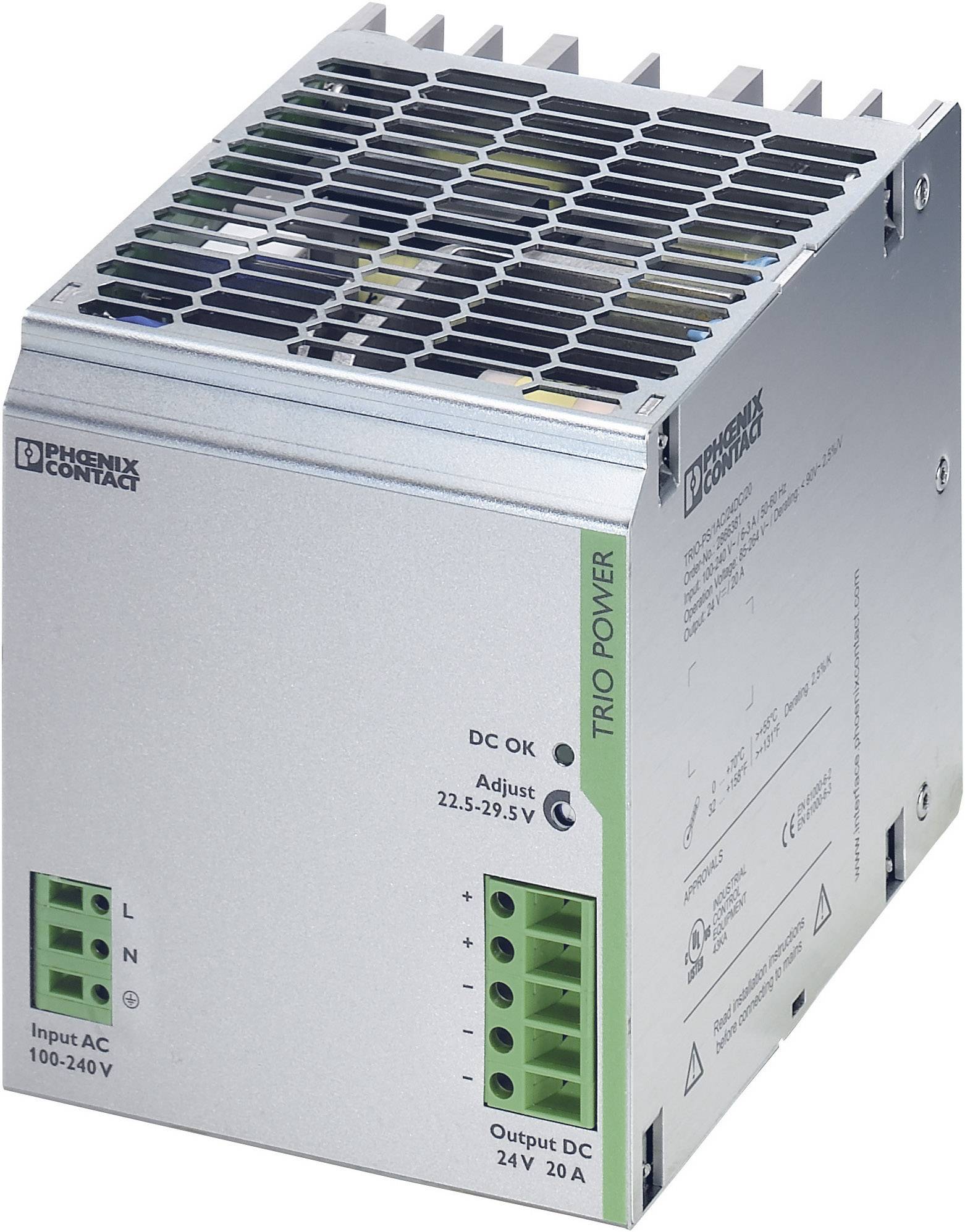 Industrial power supply unit from Phoenix Contact with a grey housing, green connection terminals, and ventilation slots.