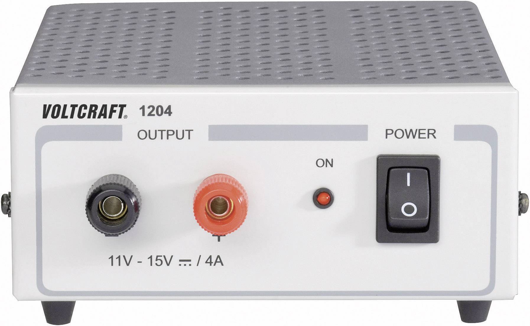 Voltage Source Voltcraft 1204, showing output terminals, switch and power range '11V-15V, 4A'.