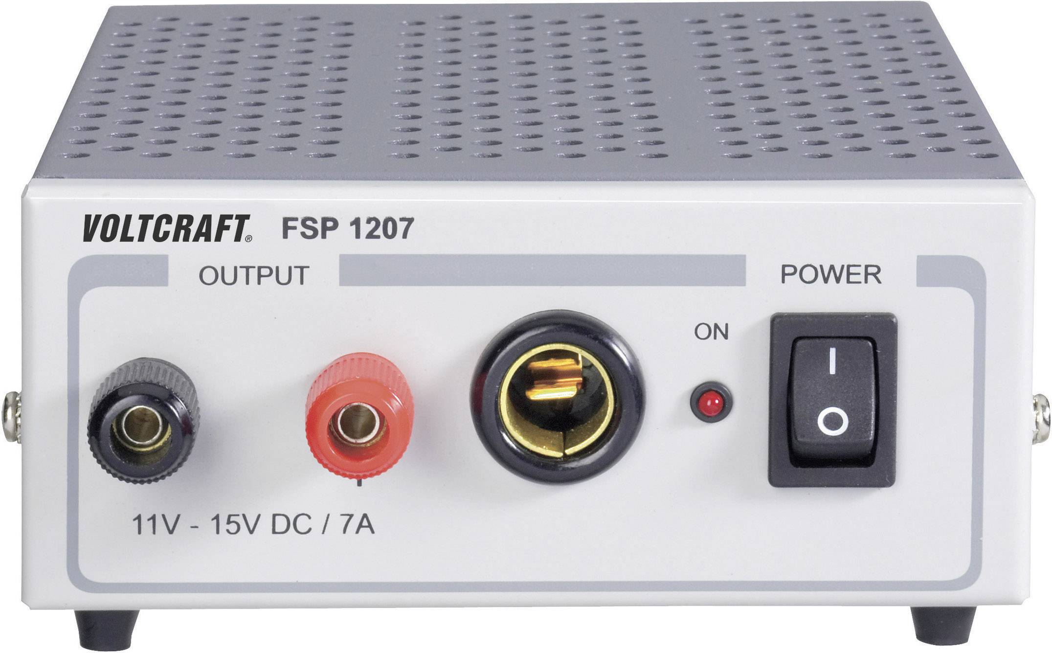 Power supply Voltcraft FSP 1207 with adjustable output voltage 11-15V DC, 7A current rating, switch set to on.