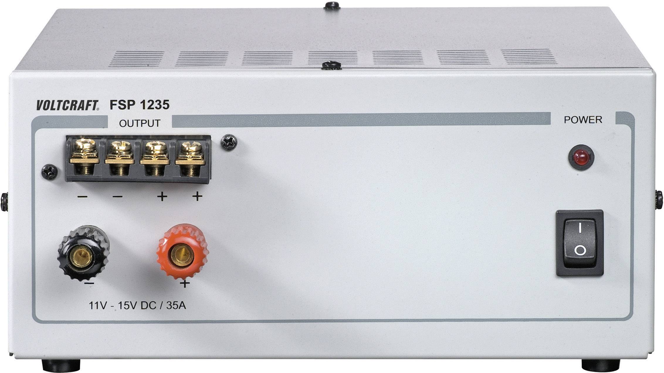The Voltkraft FSP 1235 power supply shows outputs for 11V-15V DC at 35A, with terminals for positive and negative poles, and a mains power switch.