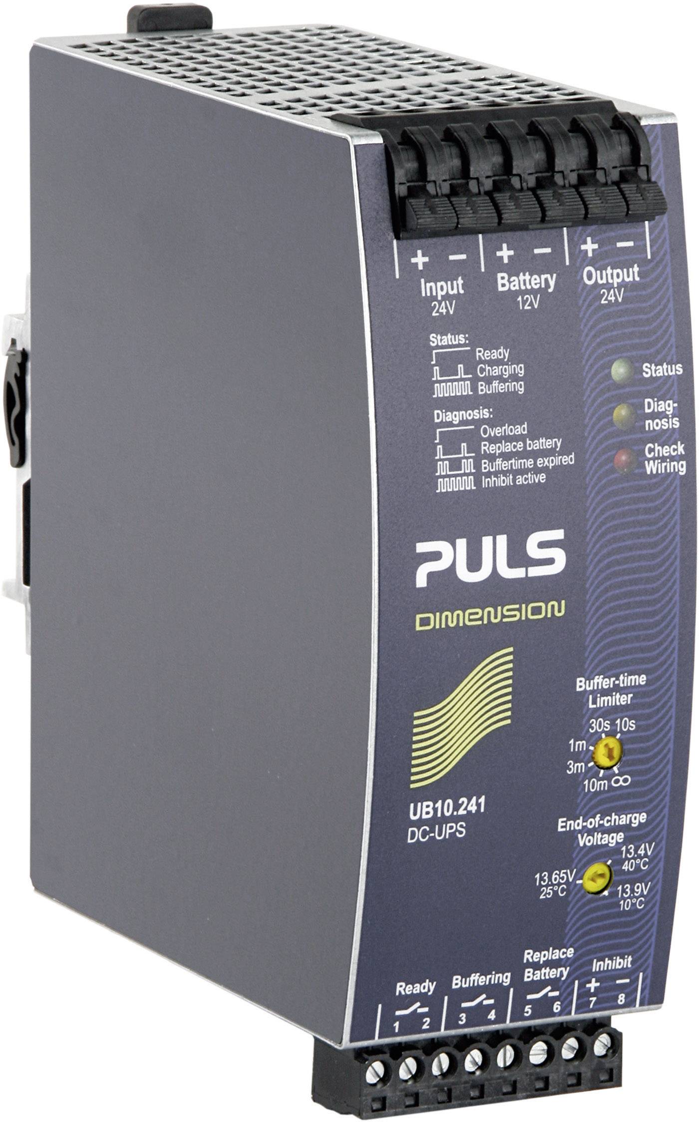 Switched-mode power supply by PULS Dimension for 24V or 12V battery. Displays input, battery, and output status. Model UB10.241.