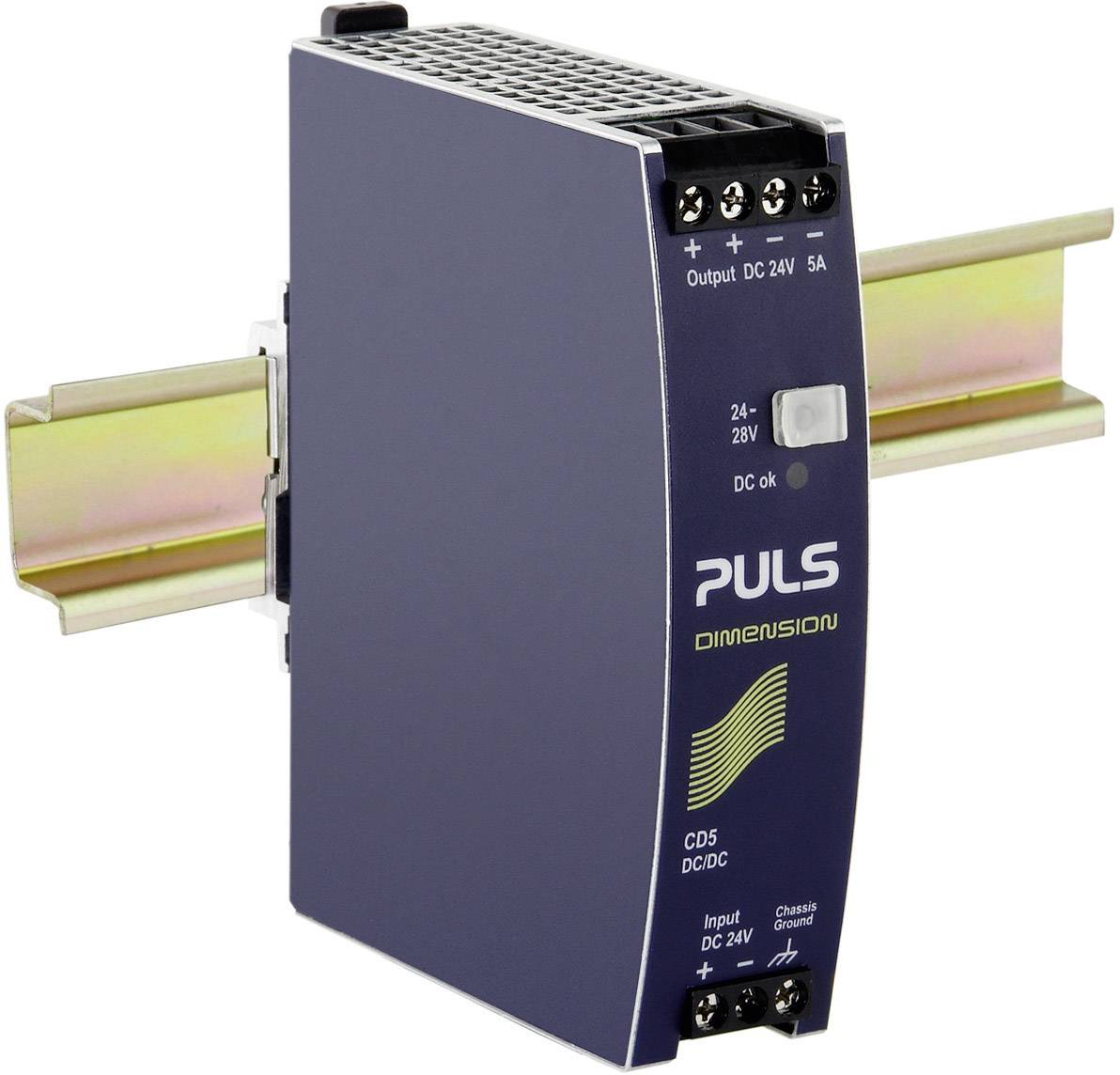 PULS DC/DC converter (CD5), mounted on a DIN rail. Input range 24-28V, output 24V, 5A.