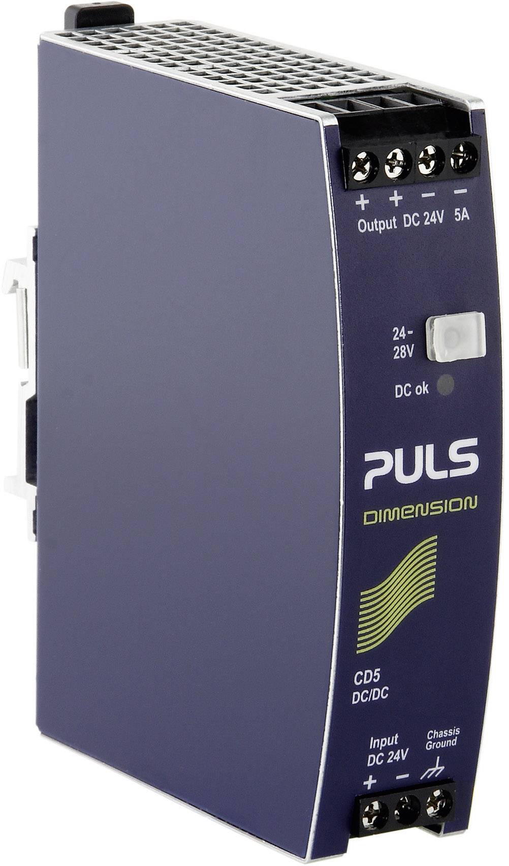 A blue pulse power supply with the inscription 'DIMENSION', offers a DC output of 24V/5A and inputs of 24-28V, DC/DC converter.