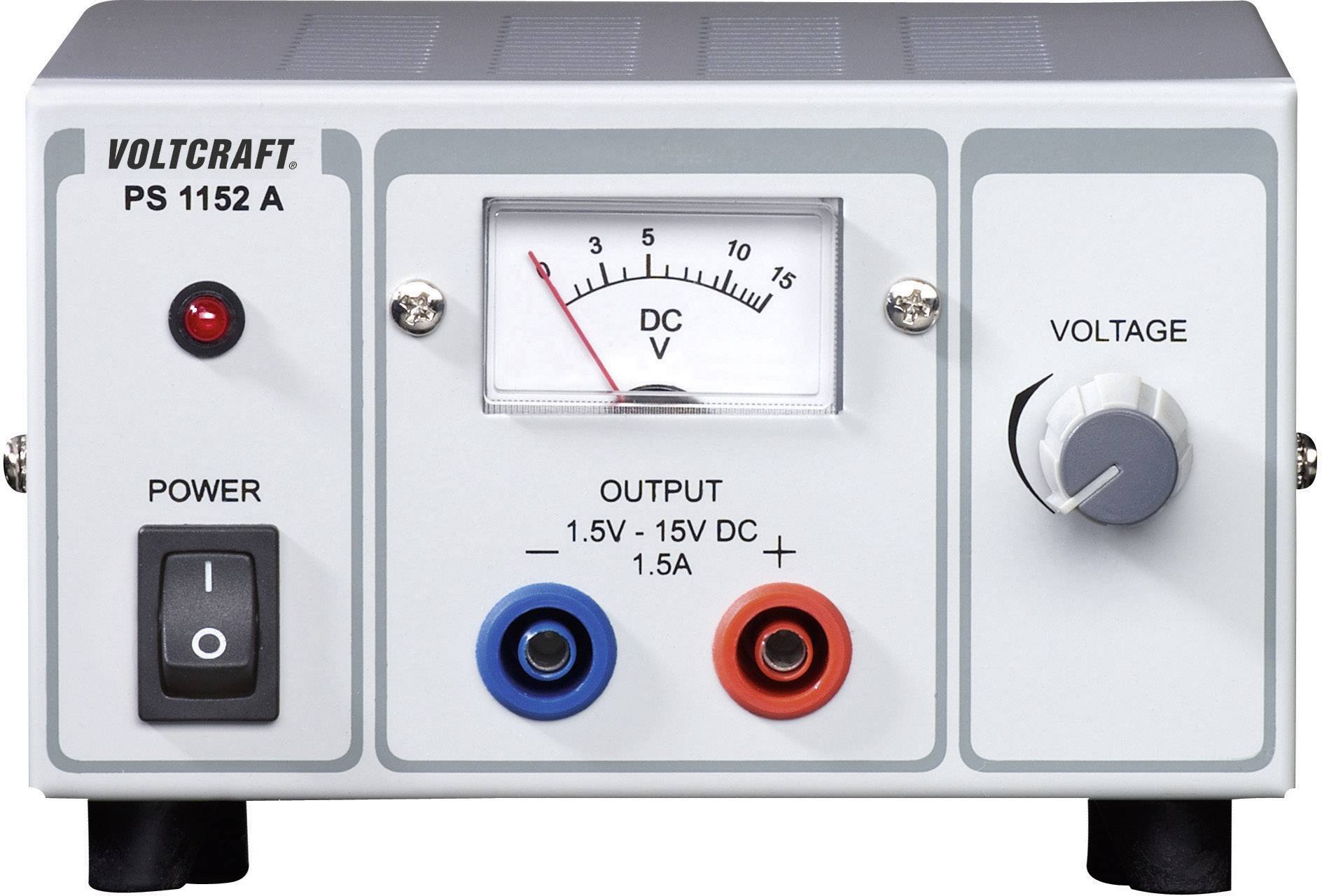 Mains power supply unit with switch, voltage display and voltage control knob. Output connection sockets: blue (negative), red (positive).