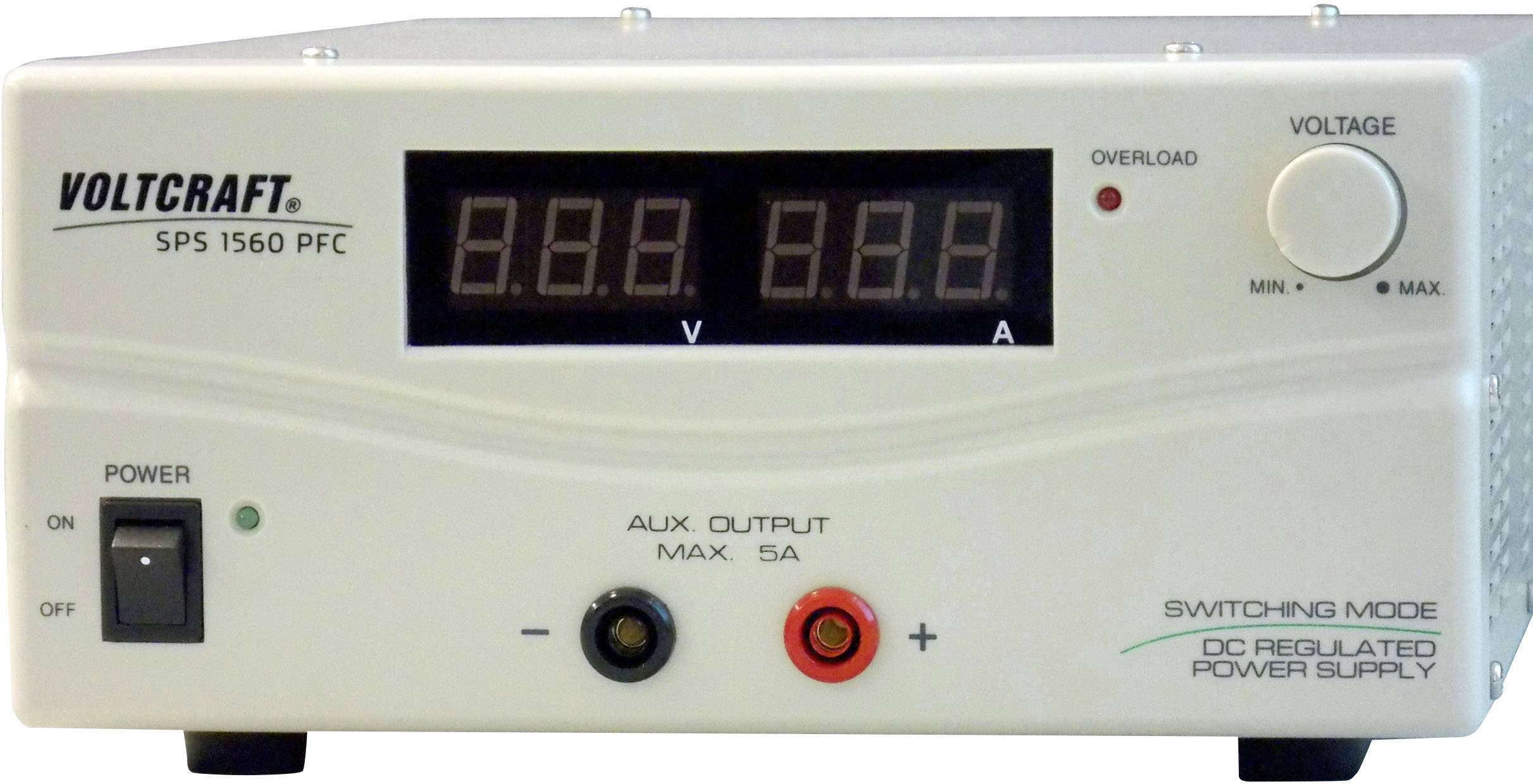 'Voltcraft SPS 1560 PFC' Laboratory Power Supply with digital display for voltage and current, toggle switch for On/Off and voltage adjustment control.
