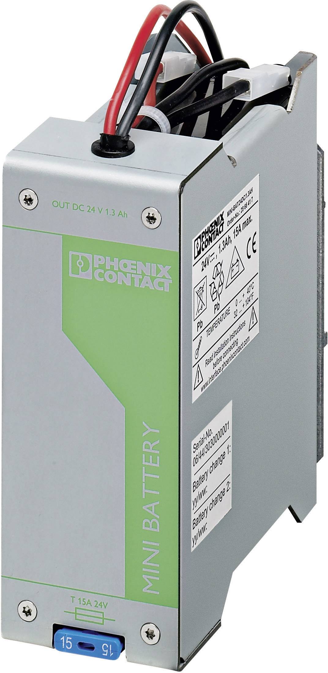 Battery buffer device from Phoenix Contact with green label 'MINI BATTERY', connections visible from above, suitable for 24 V direct current.