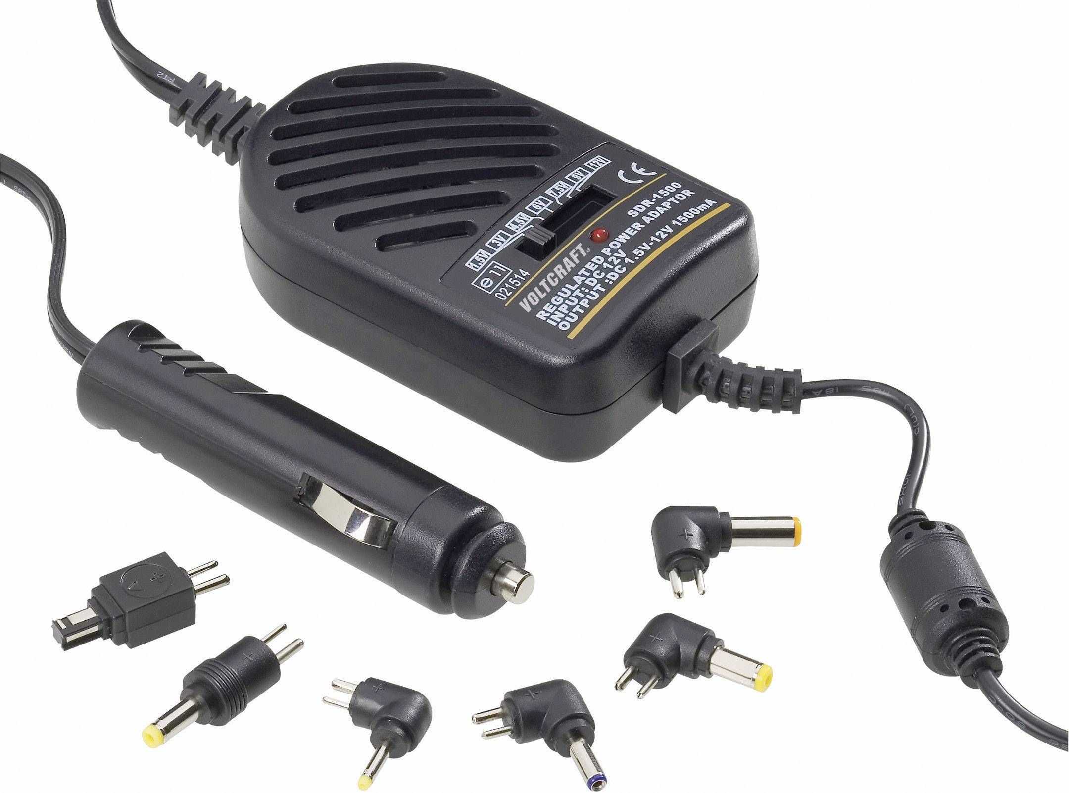 A black universal power adapter with multiple adapters and a car charger plug, suitable for various electronic devices.