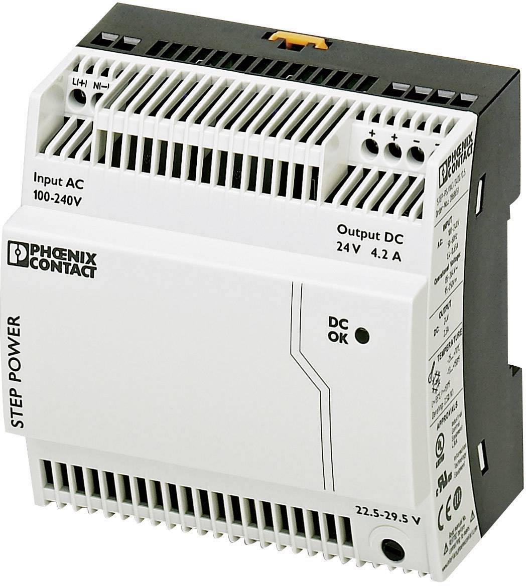 A power supply unit from Phoenix Contact, model STEP POWER, input AC 100-240V, output DC 24V 4.2A, with status indicator 