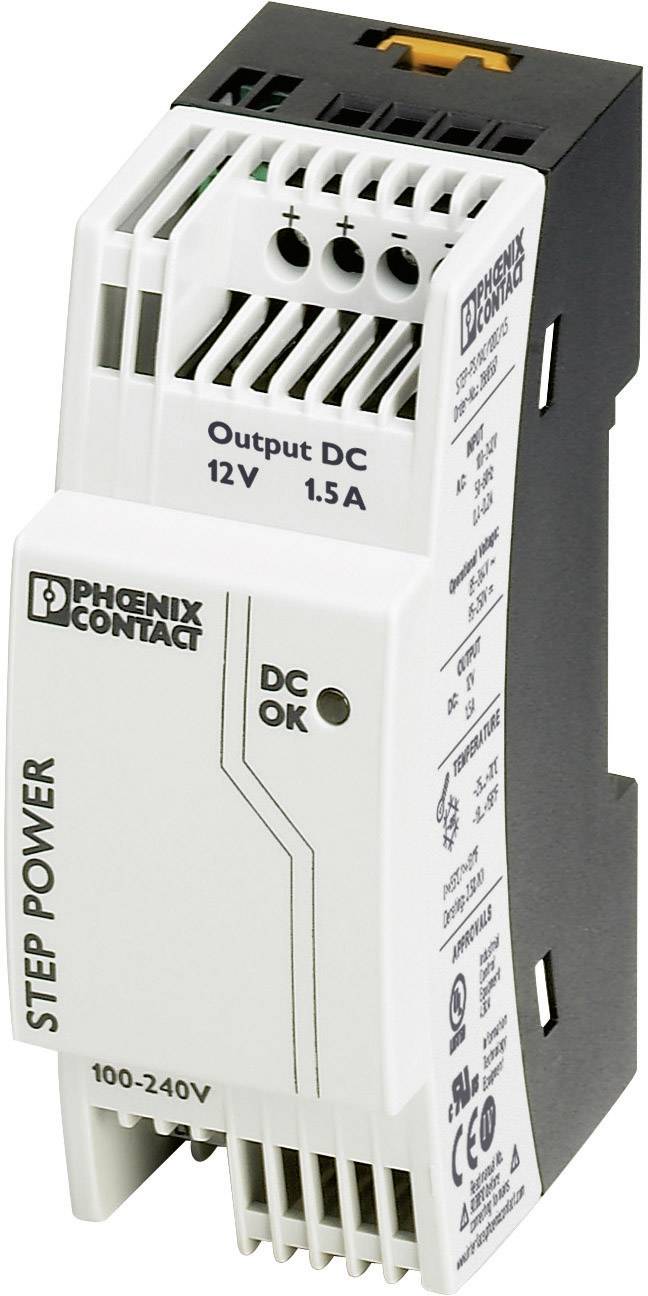 Power supply unit with the inscription 'Phoenix Contact Step Power', output power: 12V, 1.5A.
