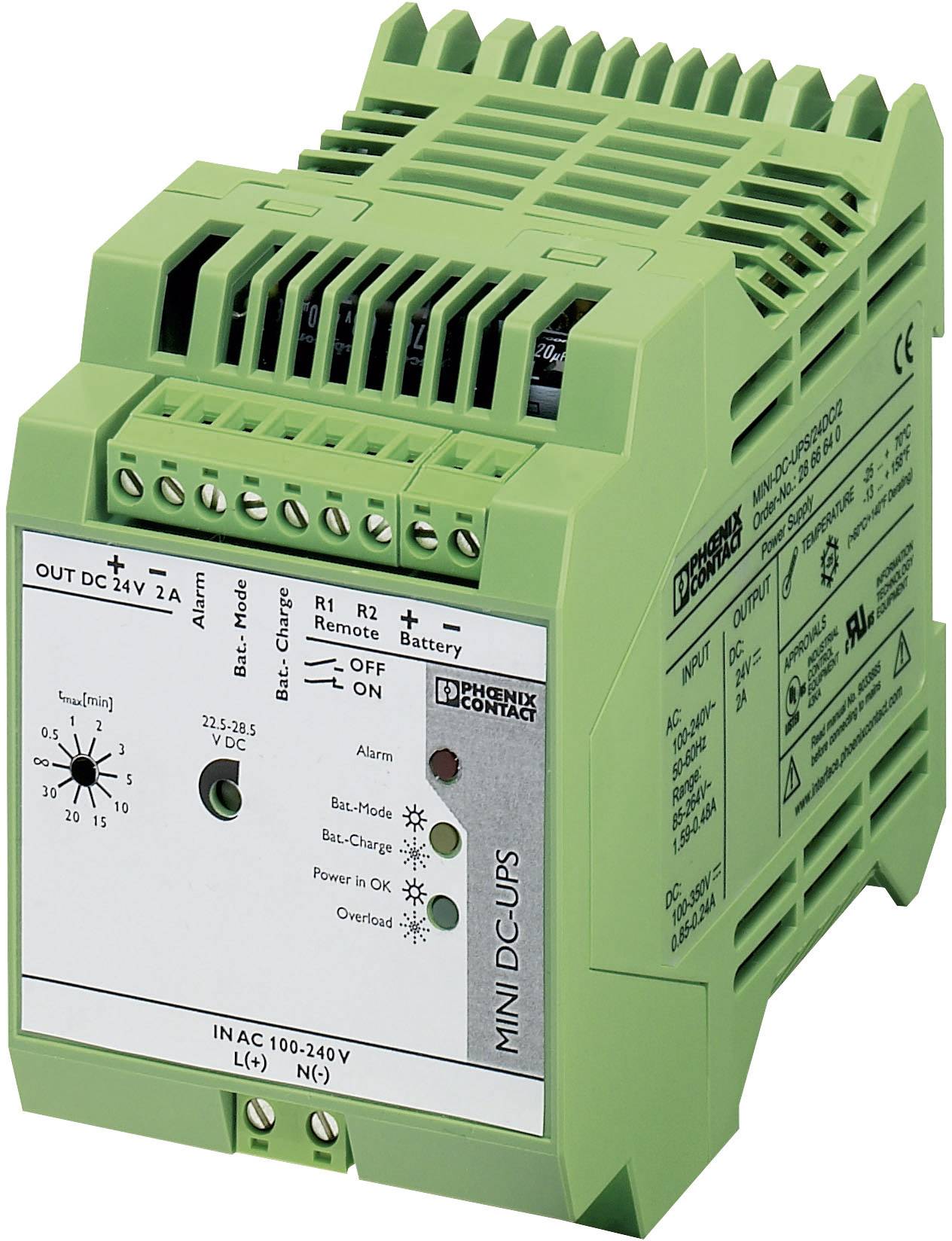 A green electronic component by Phoenix Contact, with indicators and switches for controlling and monitoring electrical connections.