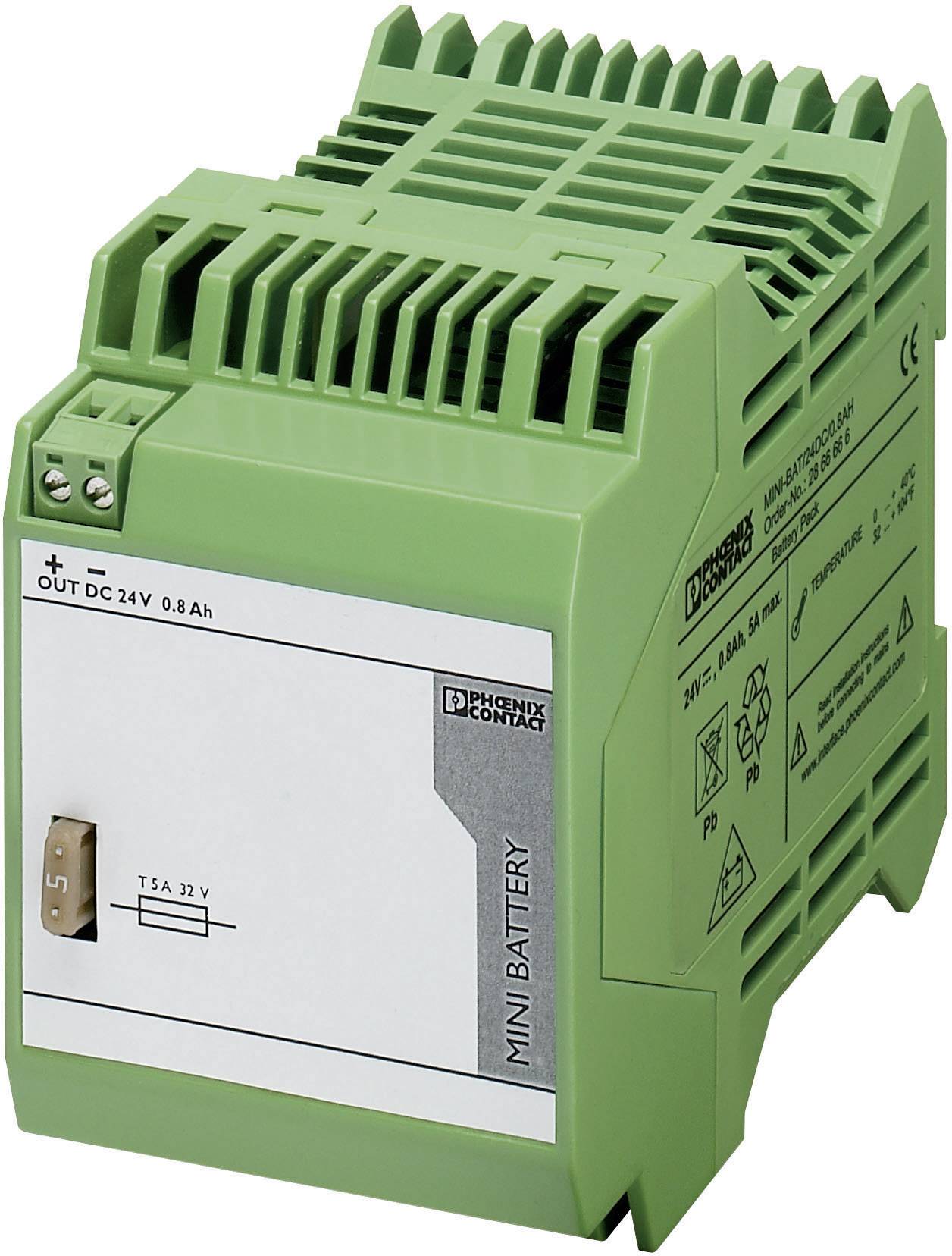 Green, rectangular mini battery module with 'OUT DC 24V 0.8 Ah' inscription and manufacturer's logo of Phoenix Contact.