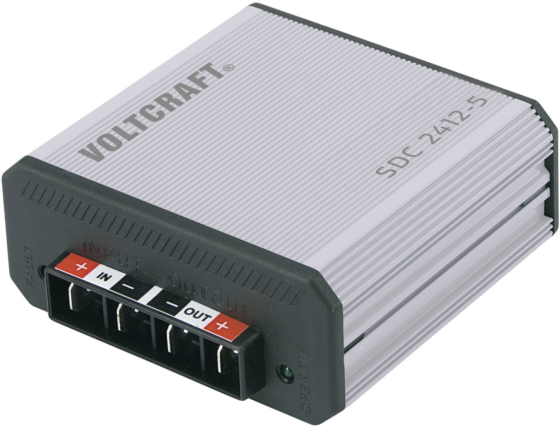 A silver device labelled 'VOLTCRAFT SDC 2412-5', displaying input and output terminals with plus and minus signs.