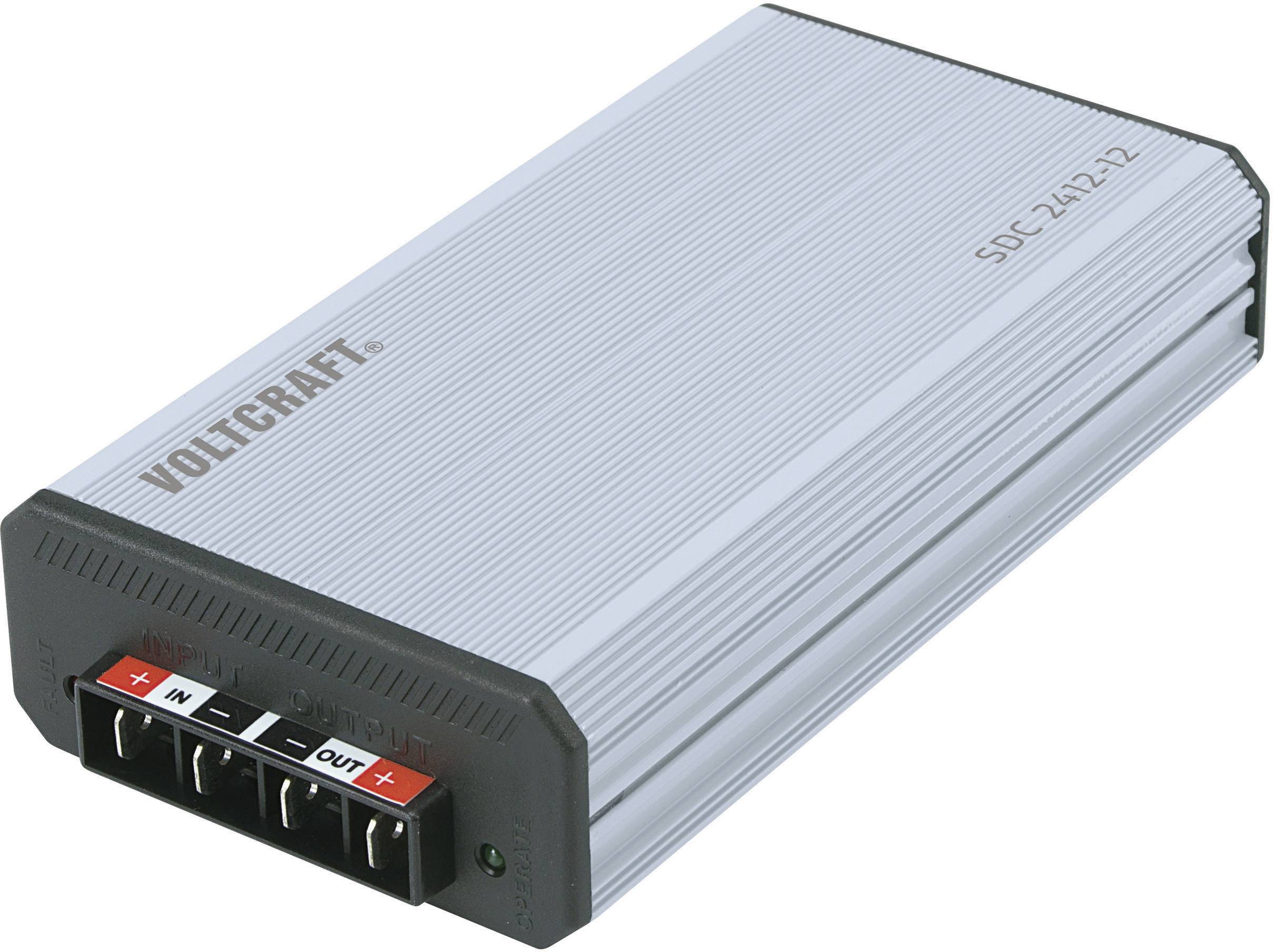 'VOLTKRAFT Voltage Converter' with input and output connections. Model SDC-2424-22. Silver housing with black edges.