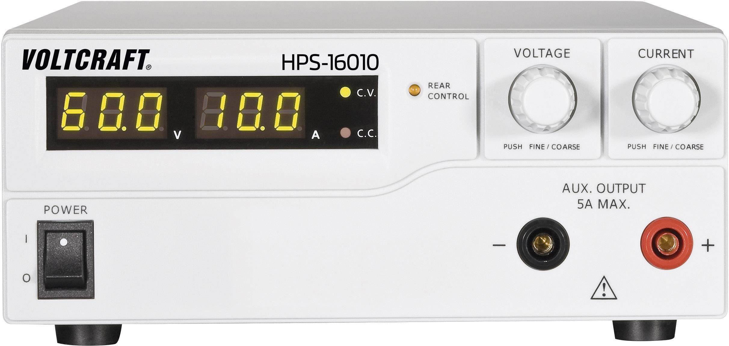 A power supply with a digital display shows 60.0 V and 10.0 A. It has controls for voltage and current, as well as a main switch and connections.